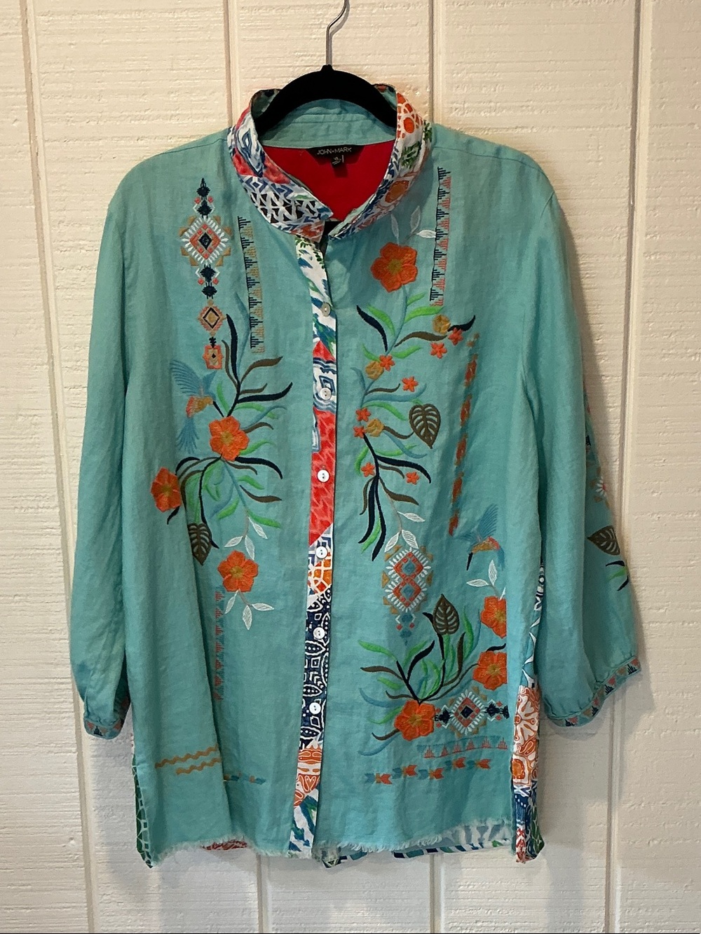 Turquoise Embroidered Floral Button-Up Shirt